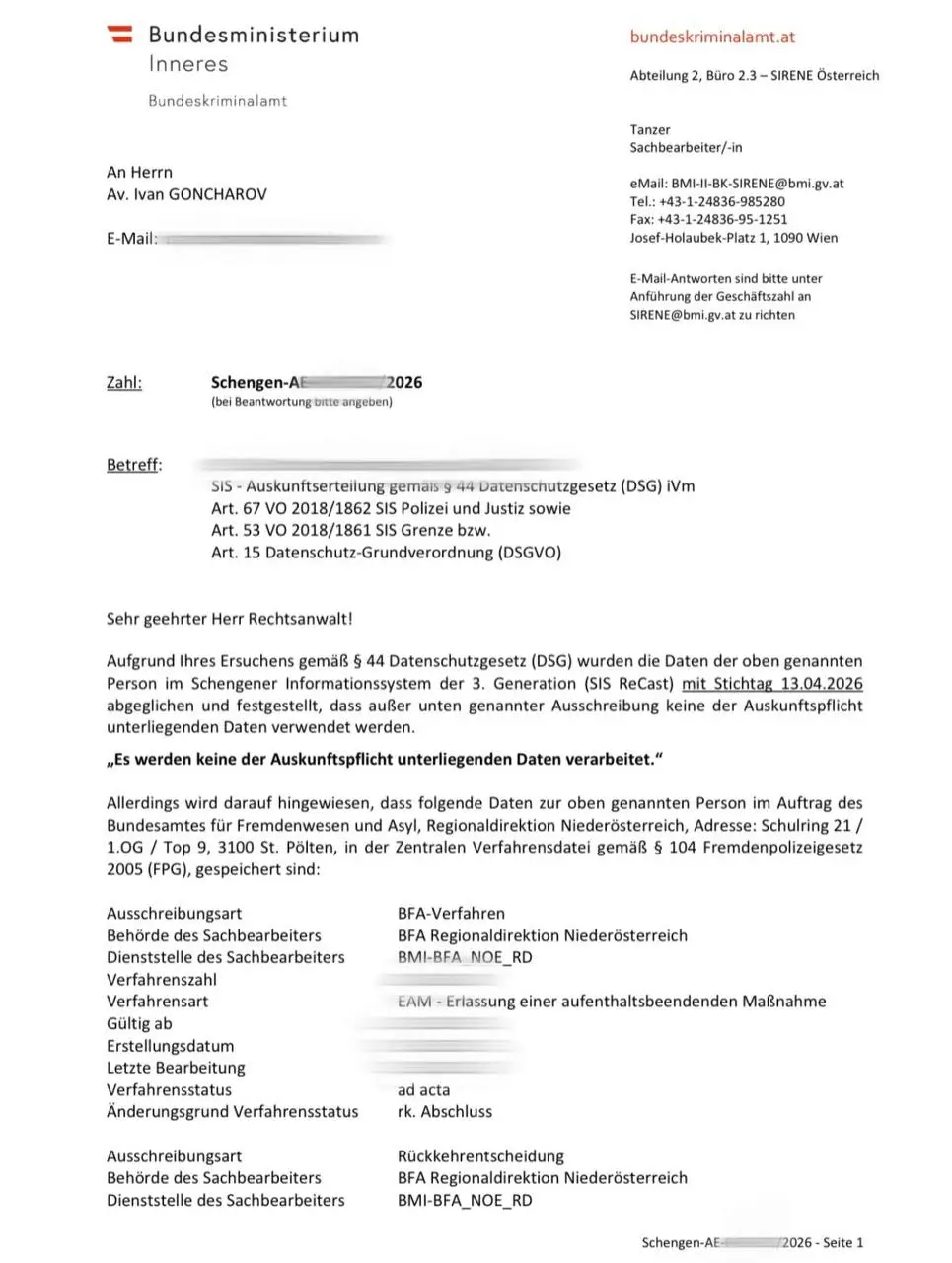 Official reply, Austria — BFA