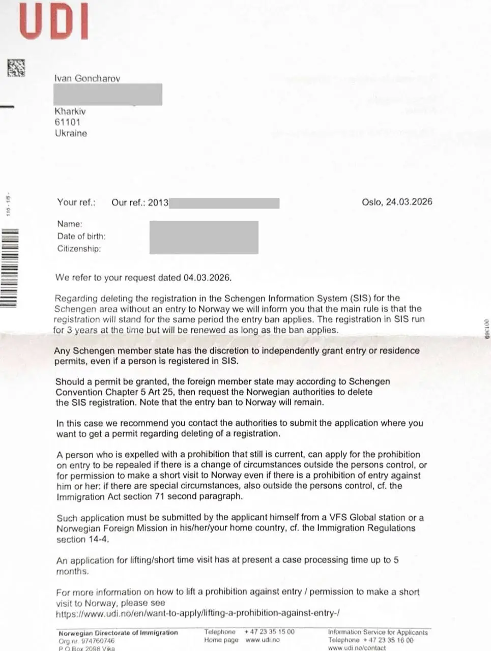 Official reply, Norway — UDI
